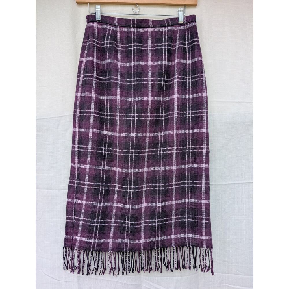 Nouveaux VTG Women's Plaid Midi Skirt Sz‎ 12P Purple Fringed Hem Fall Grunge